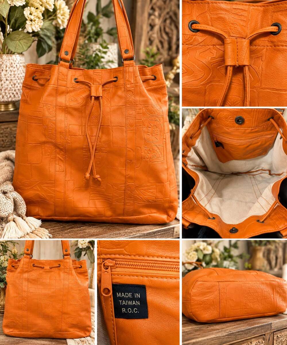 Vintage Embossed Leather Drawstring Tote Shoulder Bag Orange Hieroglyphics